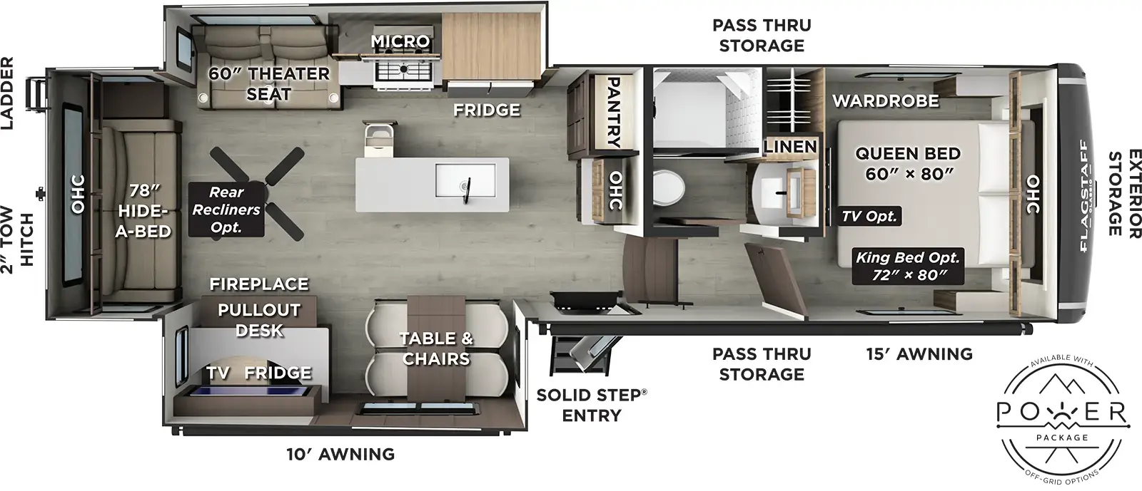 The Flagstaff Classic Fifth Wheels F331RL floorplan has one entry and two slide outs. Exterior features include: fiberglass exterior and 10' & 15' awning. Interiors features include: kitchen island, front bedroom and rear living.